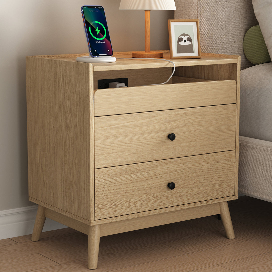 Nightstand Bedside Table, 25"H×23.6"W 3 Drawer Dresser with Hidden Charging Station, End Side Table for Bedroom Furniture