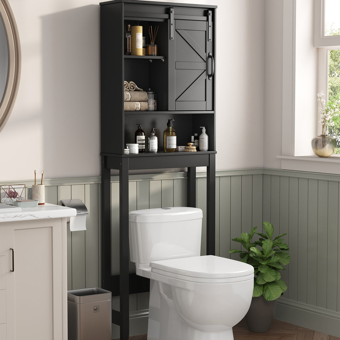 Over The Toilet Storage Shelves, Farmhouse Storage Shelves Over Toilet with Sliding Barn Door & Adjustable Shelves