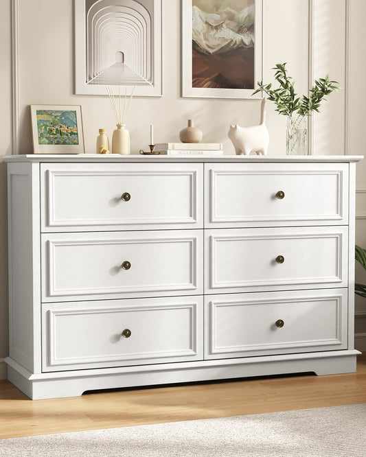 white  Dresser,6 Drawer Dresser for bedroom,Retro Wood Storage dresser for Living Room
