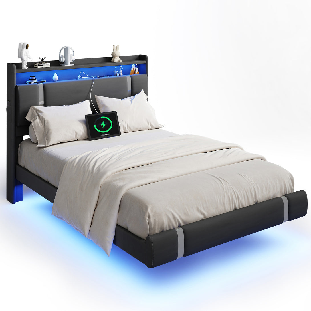 IDEALSOUL Full Size Bed Frame with LED Lights,Floating Metal Platform Bed with Storage Headboard,No Box Spring Needed,Easy to Assemble