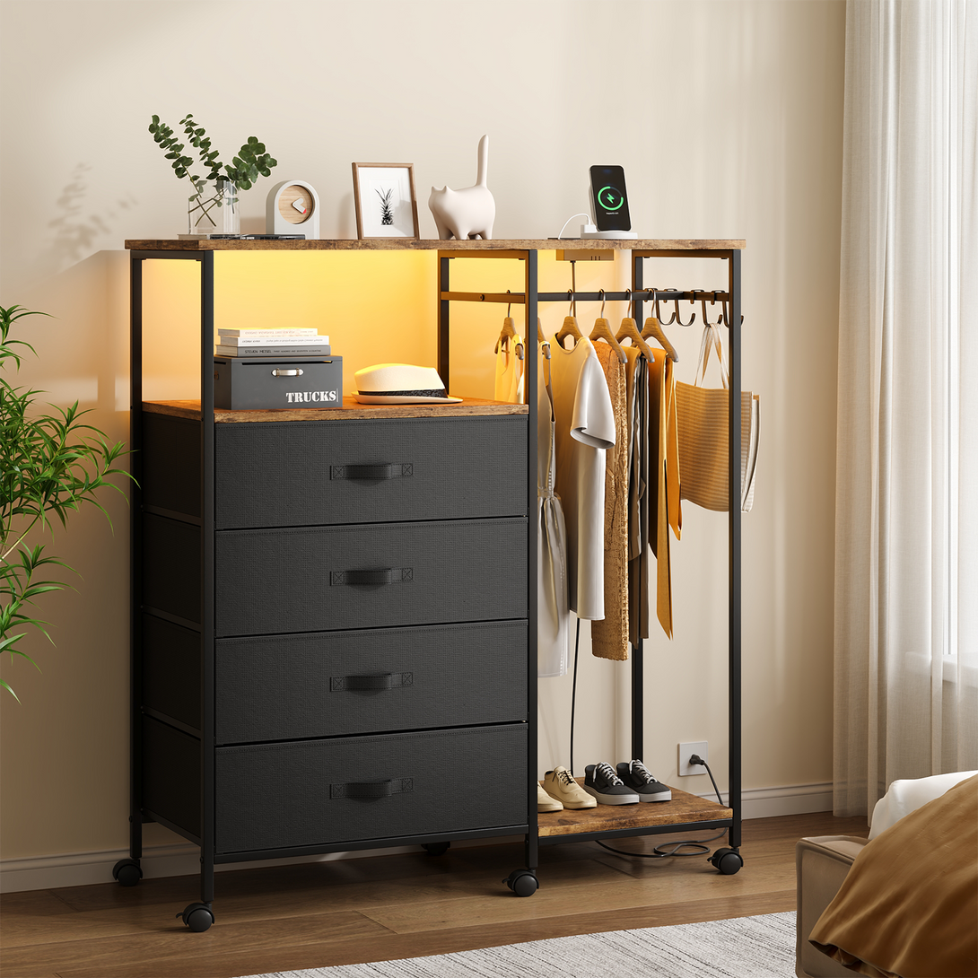 Dresser with Hanging Rack, Bedroom Dresser with Hanging Rack Chest of Drawers with Fabric Drawers & LED Lights & Charging Station, Rust Brown
