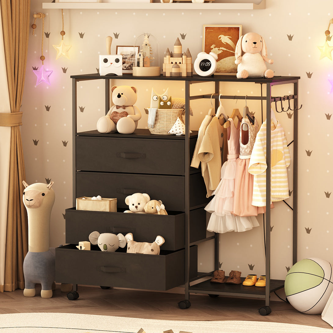 Dresser with Hanging Rack, Bedroom Dresser with Hanging Rack Chest of Drawers with Fabric Drawers & LED Lights & Charging Station, Rust Brown