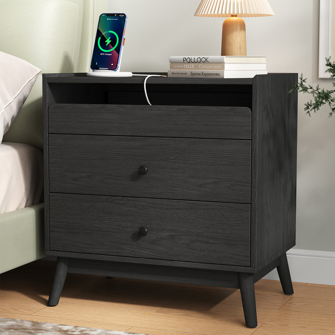 Nightstand Bedside Table, 25"H×23.6"W 3 Drawer Dresser with Hidden Charging Station, End Side Table for Bedroom Furniture