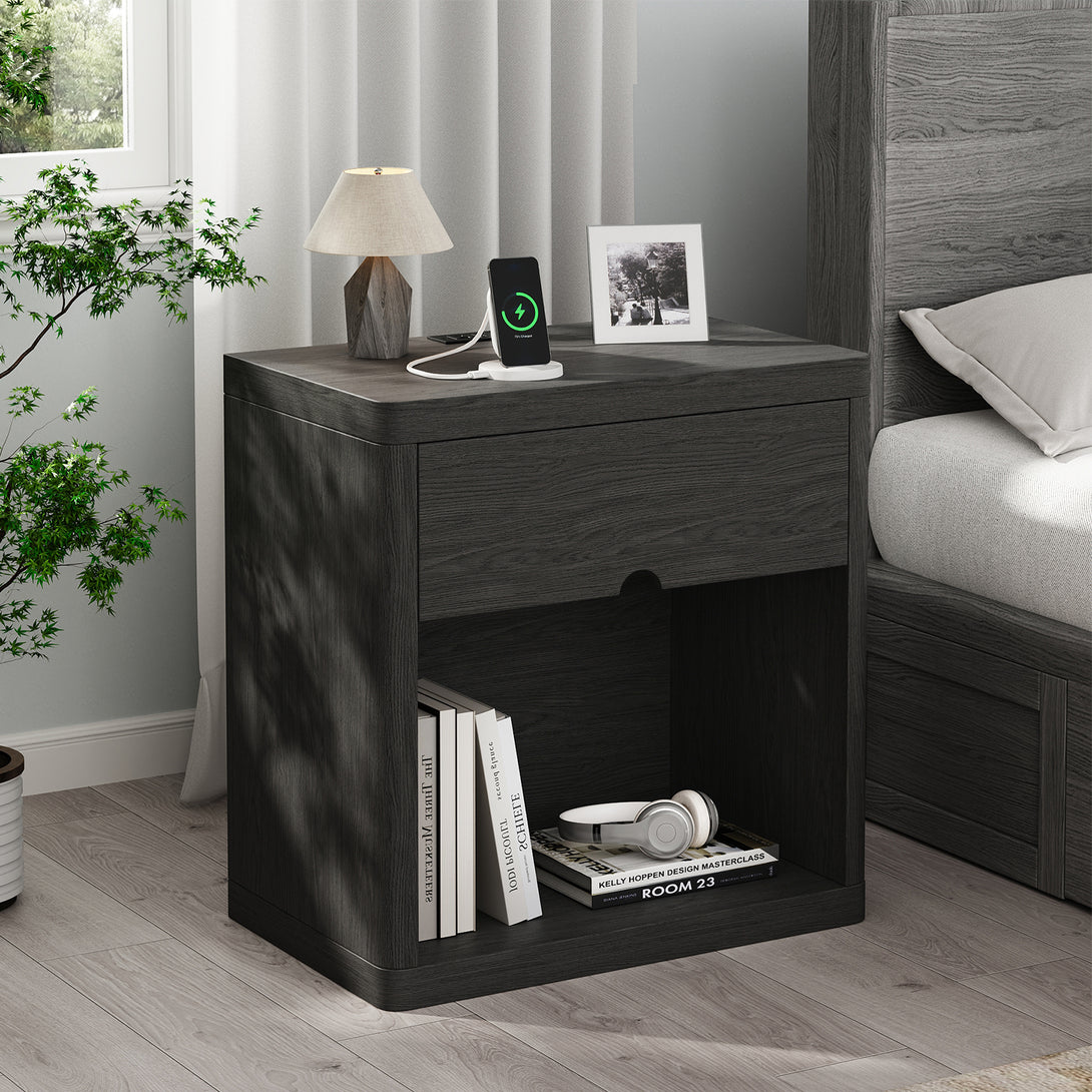 IDEALSOUL Nightstand , Nightstand with Charging Station, 24inch Bedside Table with Curved Top Corners, Crescent Shaped Buckle, Wooden End Table for Bedroom Living Room