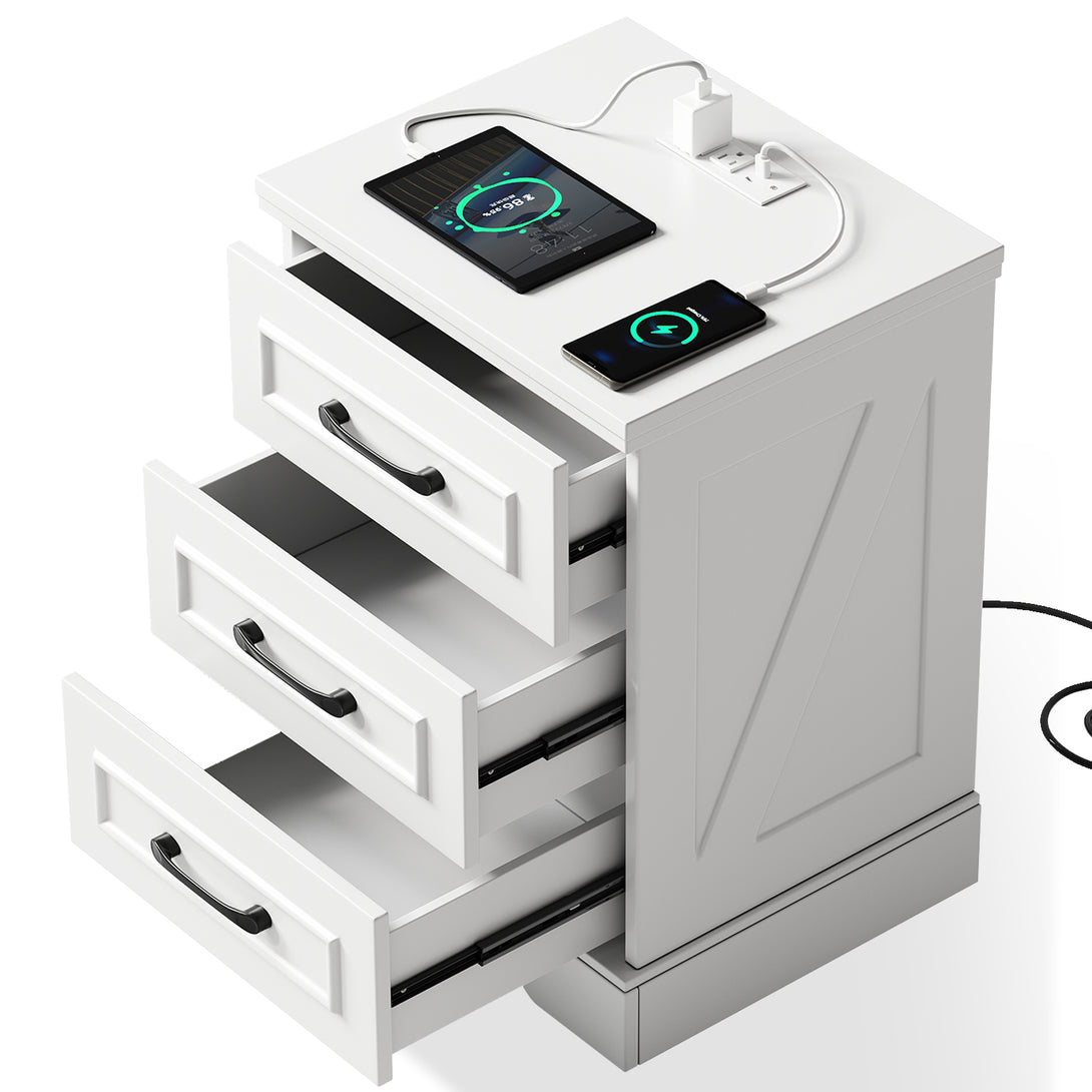 Nightstand , Farmhouse End Table with Charging Station,3 Drawers Storage