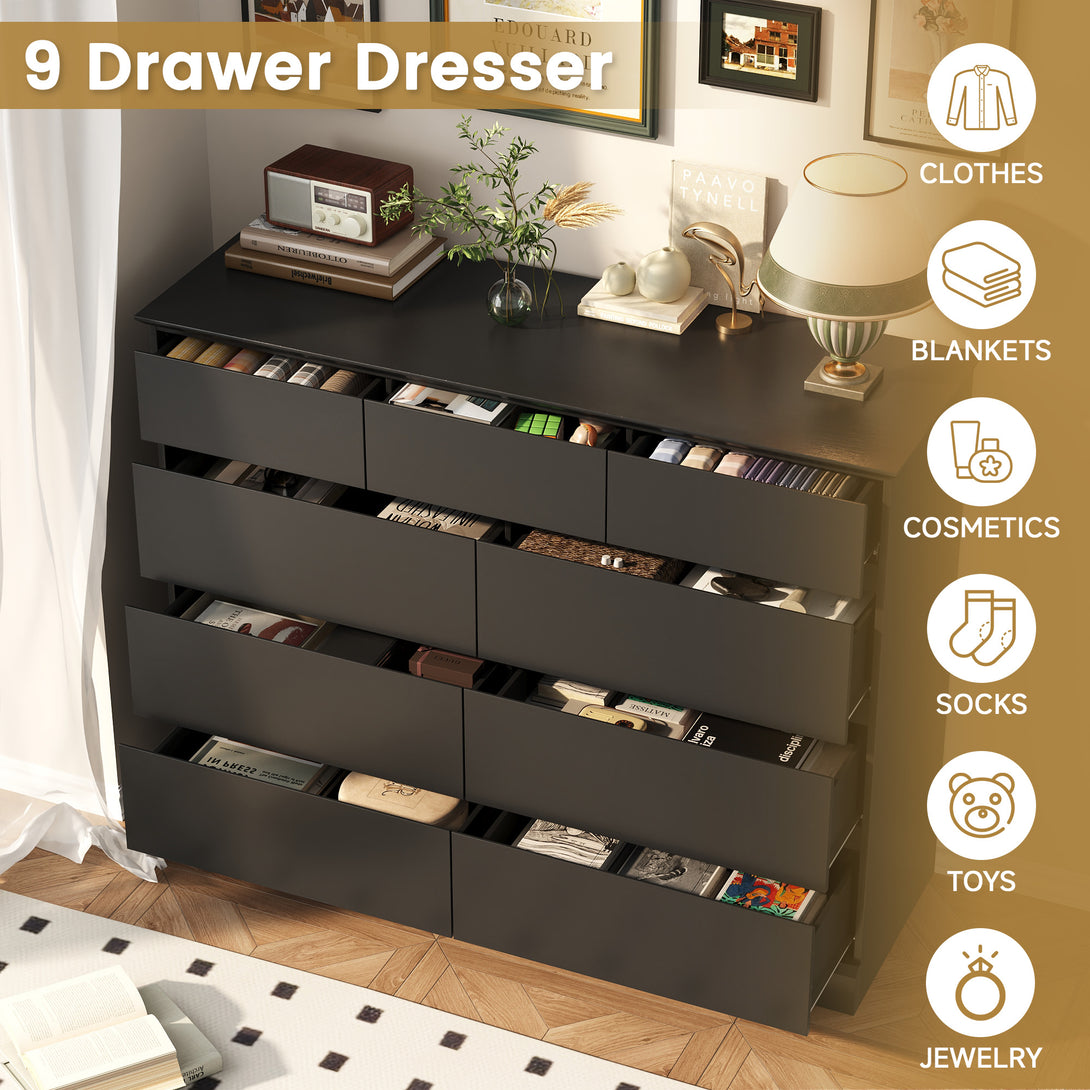 9 Drawer Dresser, Black Chest of Deep Drawers, Modern Dressers with St