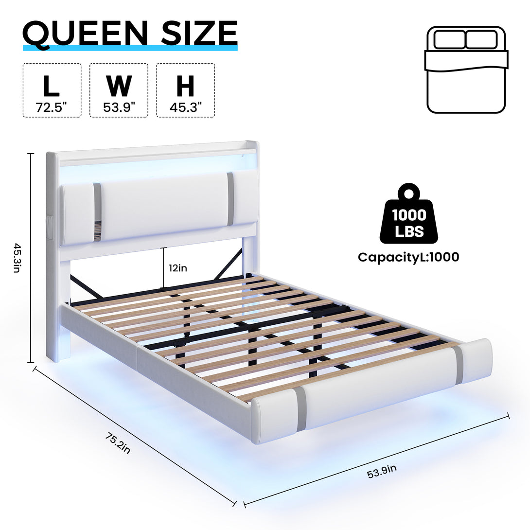 IDEALSOUL Full Size Bed Frame with LED Lights,Floating Metal Platform Bed with Storage Headboard,No Box Spring Needed,Easy to Assemble