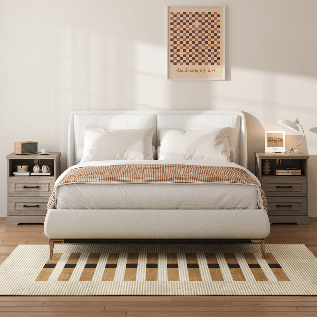 Nightstand with Charging Station, Farmhouse Nightstands with 2 Drawers Storage Side Table Bedside Cabinet for Bedroom Living Room