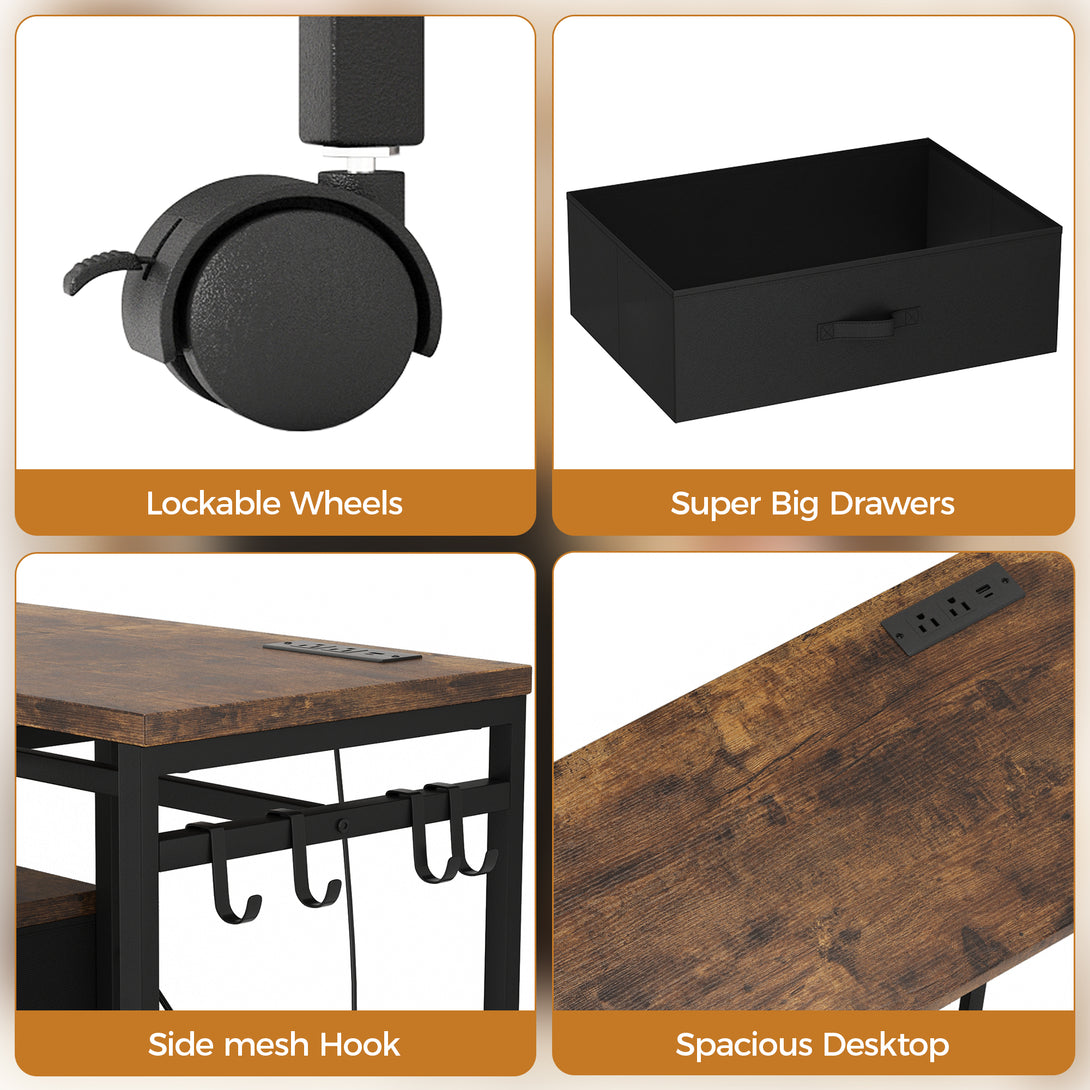 Dresser with Hanging Rack, Bedroom Dresser with Hanging Rack Chest of Drawers with Fabric Drawers & LED Lights & Charging Station, Rust Brown