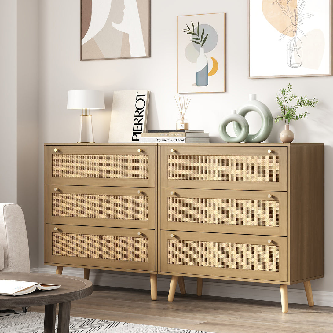 Dresser for Bedroom, Farmhouse Rattan Dressers, 3 Drawers Dressers Chest for Bedroom Hallway Living Room