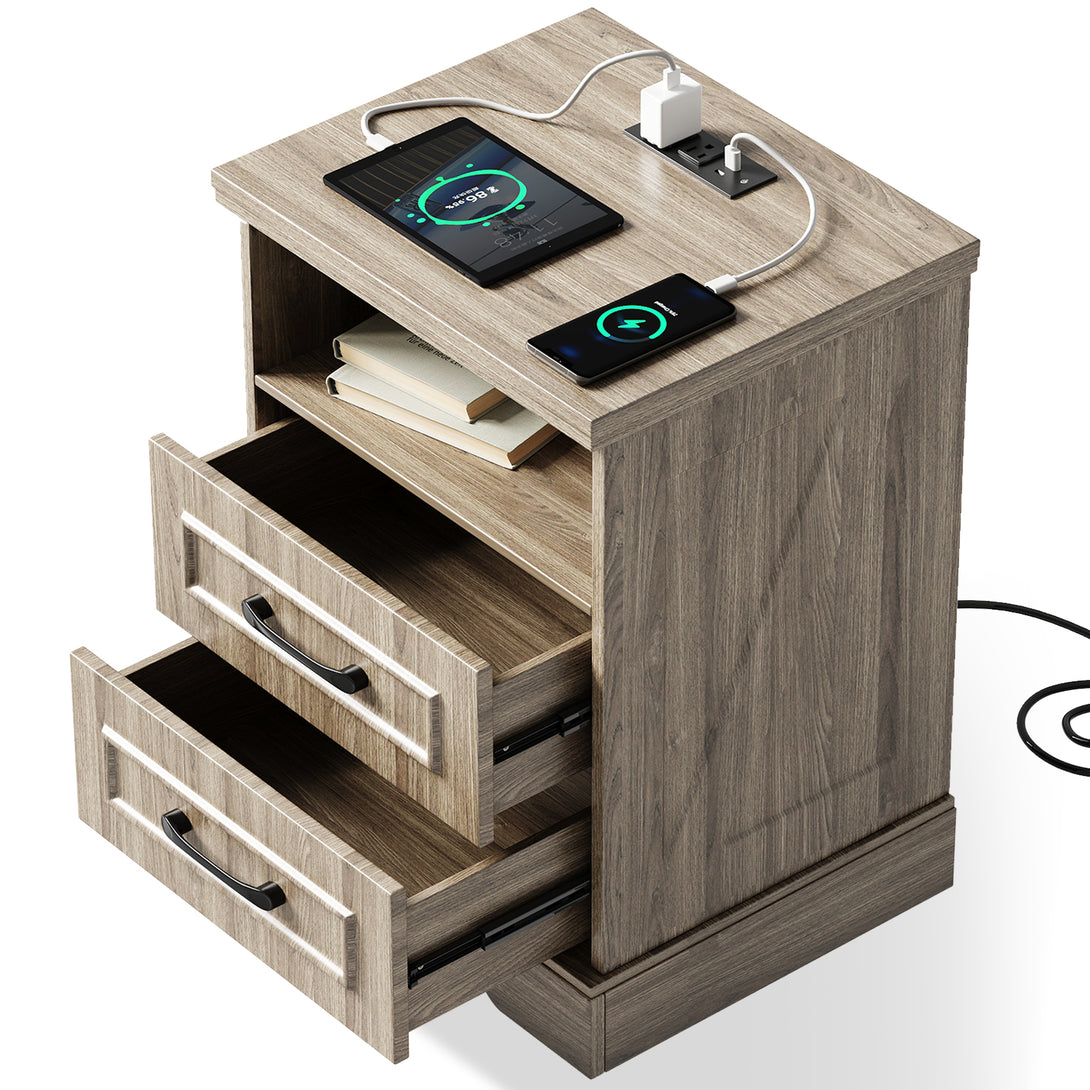 Nightstand with Charging Station, Farmhouse Nightstands with 2 Drawers Storage Side Table Bedside Cabinet for Bedroom Living Room