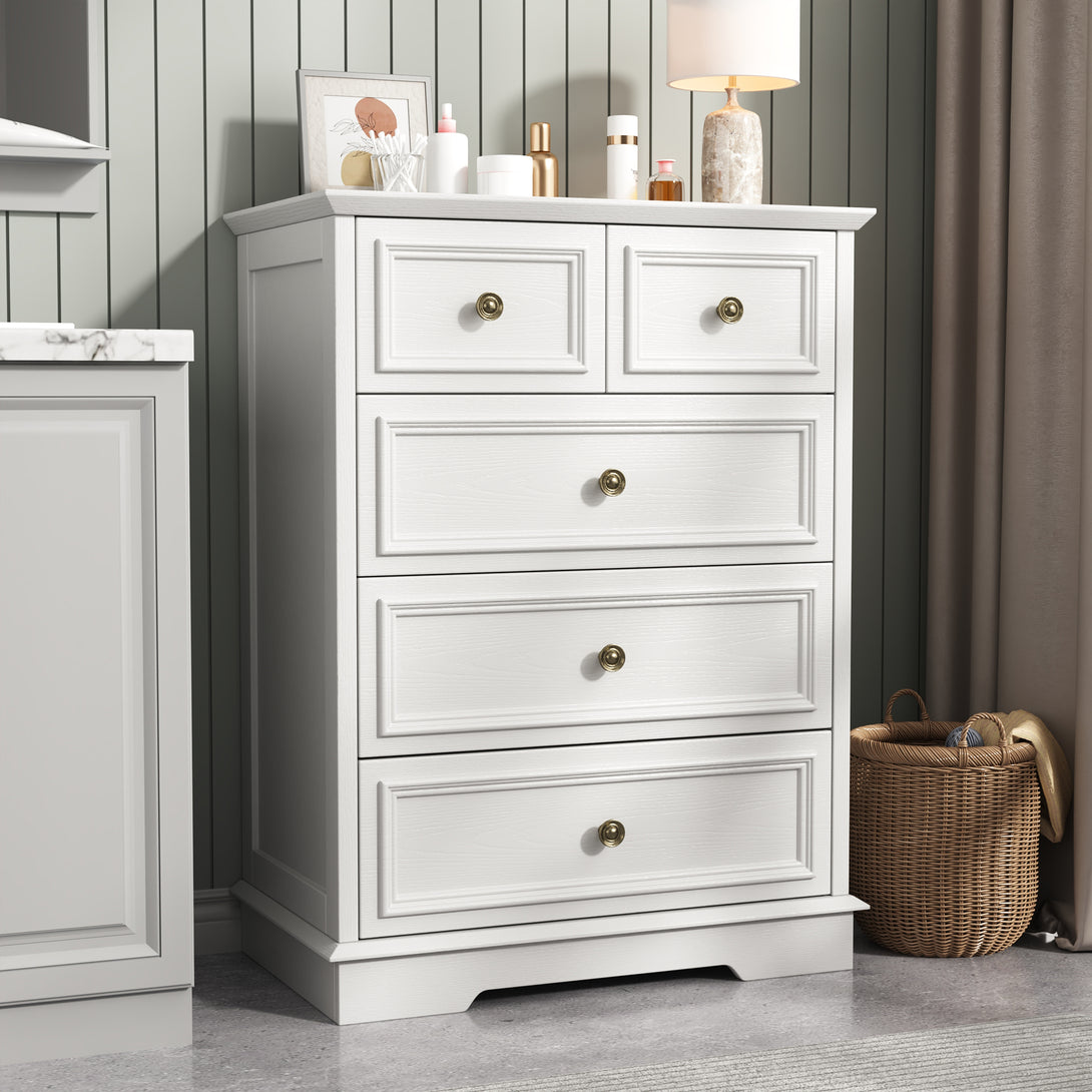 IDEALSOUL 5 Drawer Dresser for Bedroom, White Rustic Style Chest of Drawers, Retro Style 5 Drawer Dresser for Bedroom, Living Room, Bathroom