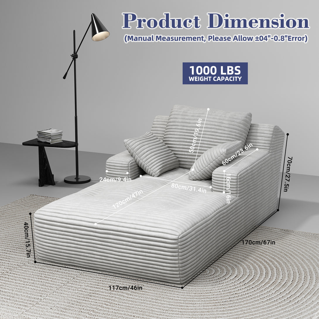 67'' Oversized Chaise Lounge Chair Indoor, Cloud Plush Corduroy Upholstered Sofa Bed, Modern Deep Seat Sofa with Back Cushion, Pillows, Cozy Sleeper Couch for Living Room, No Assembly Required