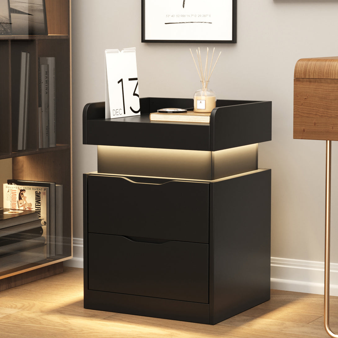 Black Nightstand with Charging Station, LED Smart Nightstand with 3 Hidden Drawer Modern Bedside Table End Side Table Nightstands for Bedroom Living Room 25" Tall