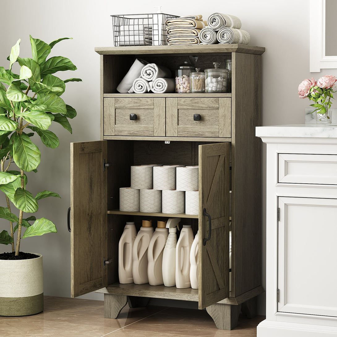 Bathroom Storage Cabinet with Doors and Drawers, Farmhouse Bathroom Floor Cabinet freestanding with Adjustable Shelf, 41.3"H Bathroom Organizer