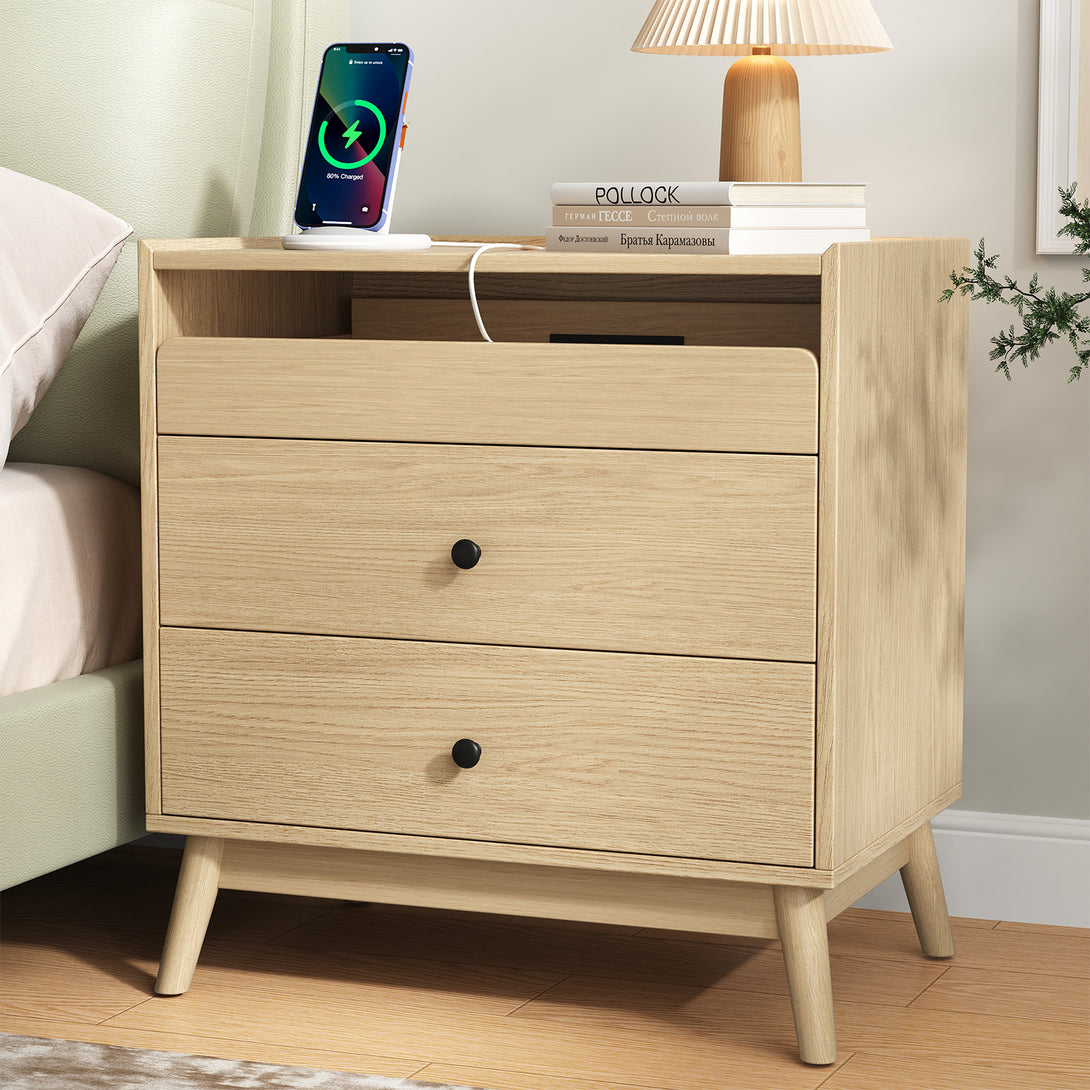Nightstand Bedside Table, 25"H×23.6"W 3 Drawer Dresser with Hidden Charging Station, End Side Table for Bedroom Furniture