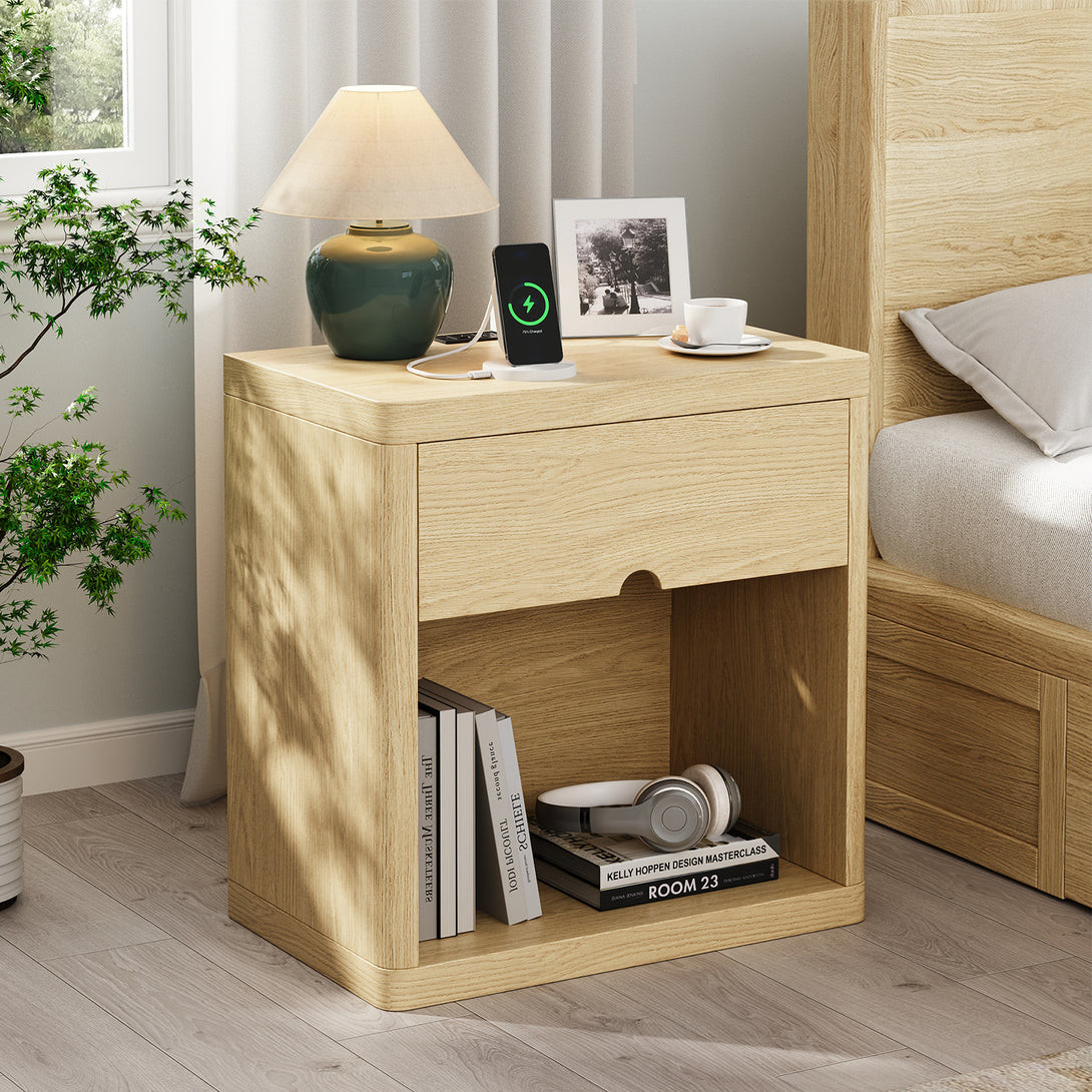 IDEALSOUL Nightstand , Nightstand with Charging Station, 24inch Bedside Table with Curved Top Corners, Crescent Shaped Buckle, Wooden End Table for Bedroom Living Room