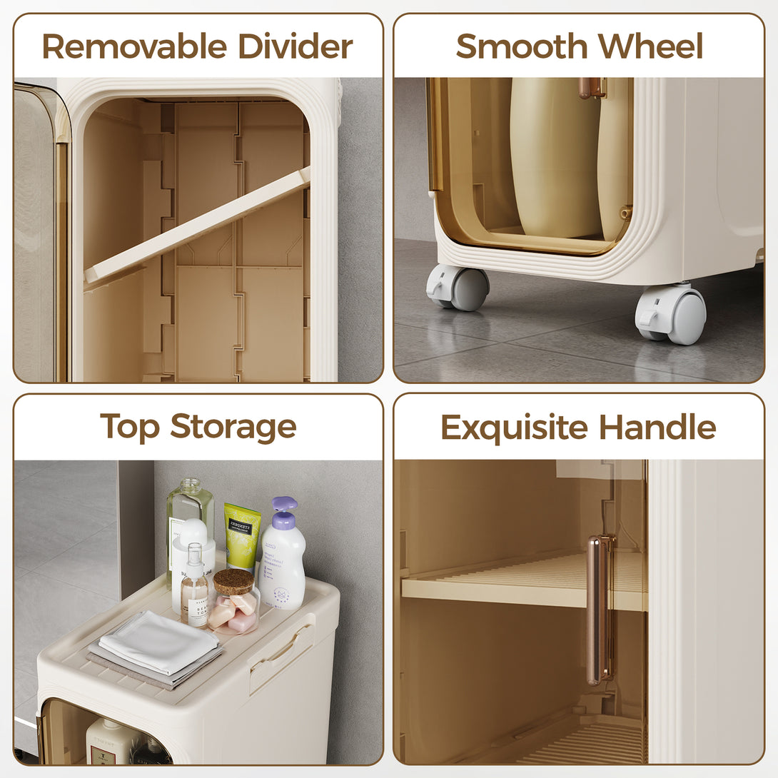 Narrow Storage Cabinet, Slim Bathromm Storage Cabinet With Wheels, Removable Partitions, Transparent Doors, Narrow Cabinet For Small Spaces, Bathroom, Bedroom, Living Room, Laundry