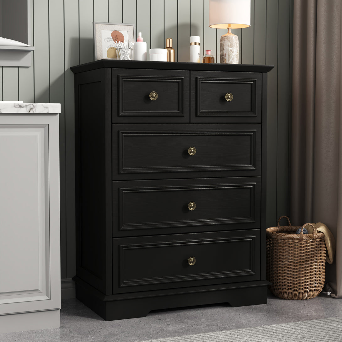 IDEALSOUL 5 Drawer Dresser for Bedroom, White Rustic Style Chest of Drawers, Retro Style 5 Drawer Dresser for Bedroom, Living Room, Bathroom