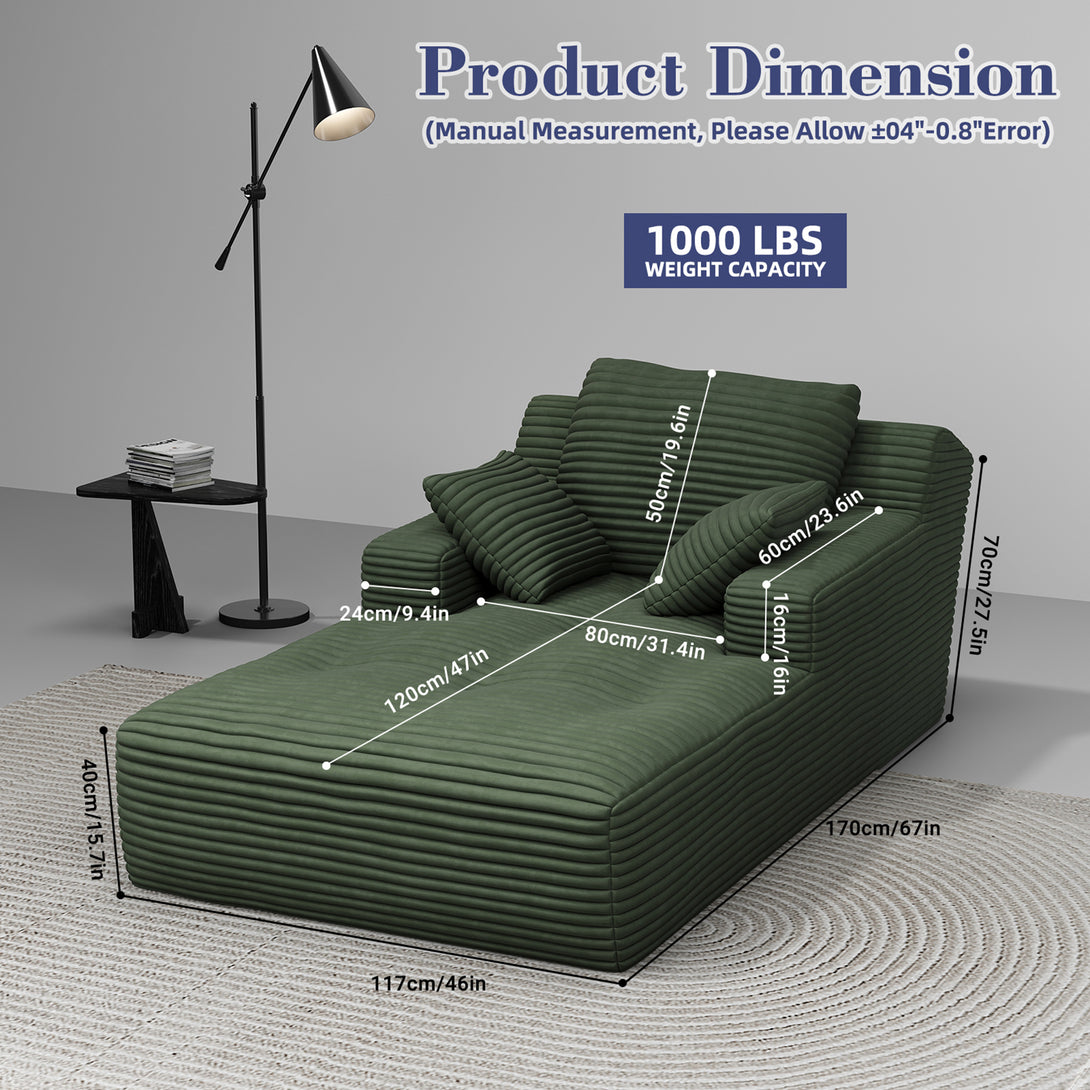 67'' Oversized Chaise Lounge Chair Indoor, Cloud Plush Corduroy Upholstered Sofa Bed, Modern Deep Seat Sofa with Back Cushion, Pillows, Cozy Sleeper Couch for Living Room, No Assembly Required