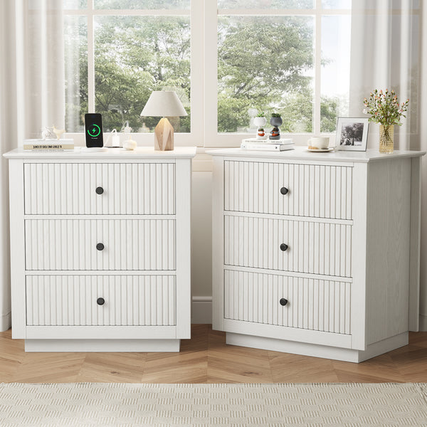 IDEALSOUL Nightstand Set of 2, 24" Wide End Table with Storage, Fluted Nightstand with USB Charging Station, Large 3 Drawers nightstand for Bedroom Living Room(2pc, White)