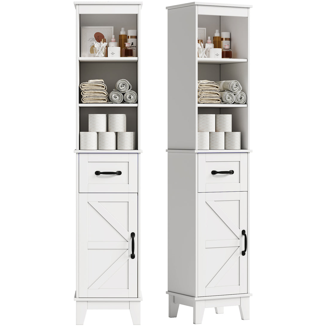 IDEALSOUL Tall Bathroom Storage Cabinet, Narrow Storage Cabinet, Freestanding Linen Cabinet with Barn Door and Drawer