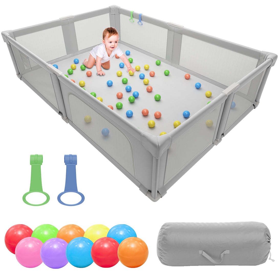 Baby Playpen, 70×61 In Play Yard, Foldable Large Playpens for Babies and Toddlers, with Mat and Carry Bag, Indoor & Outdoor Pack and Play, Oxford Fabric, Light Gray