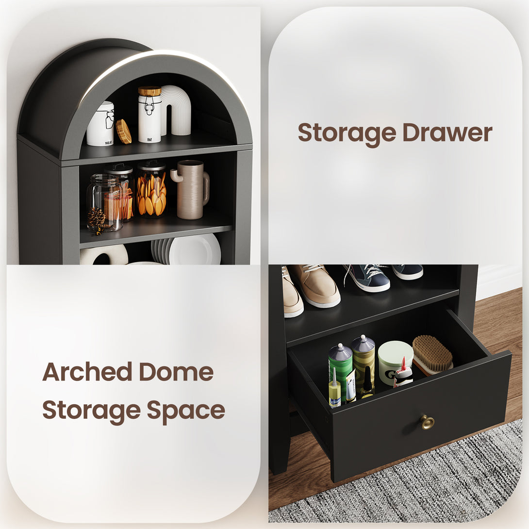 71" Arched Cabinet Tall Kitchen Pantry Cabinet, 8 Tiers Arched storage Cabinet with Doors and Shelves, Bookcase for Entryway, Hallway, Living Room