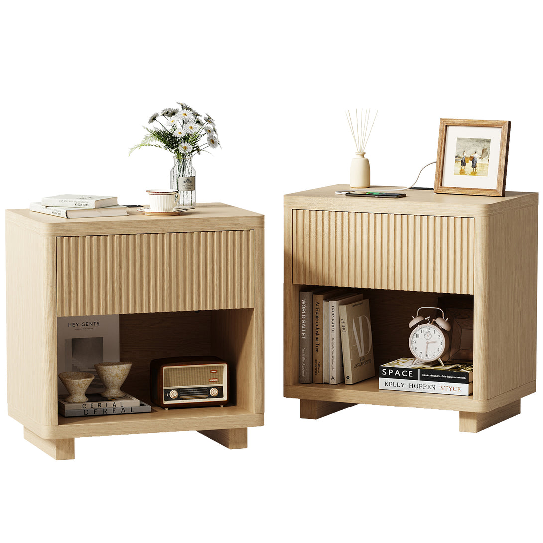 IDEALSOUL Nightstand, Fluted Bedside Table with Charging Station, End Table with open Storage, Large Wooden Night Stands Bedside for Bedroom Living Room