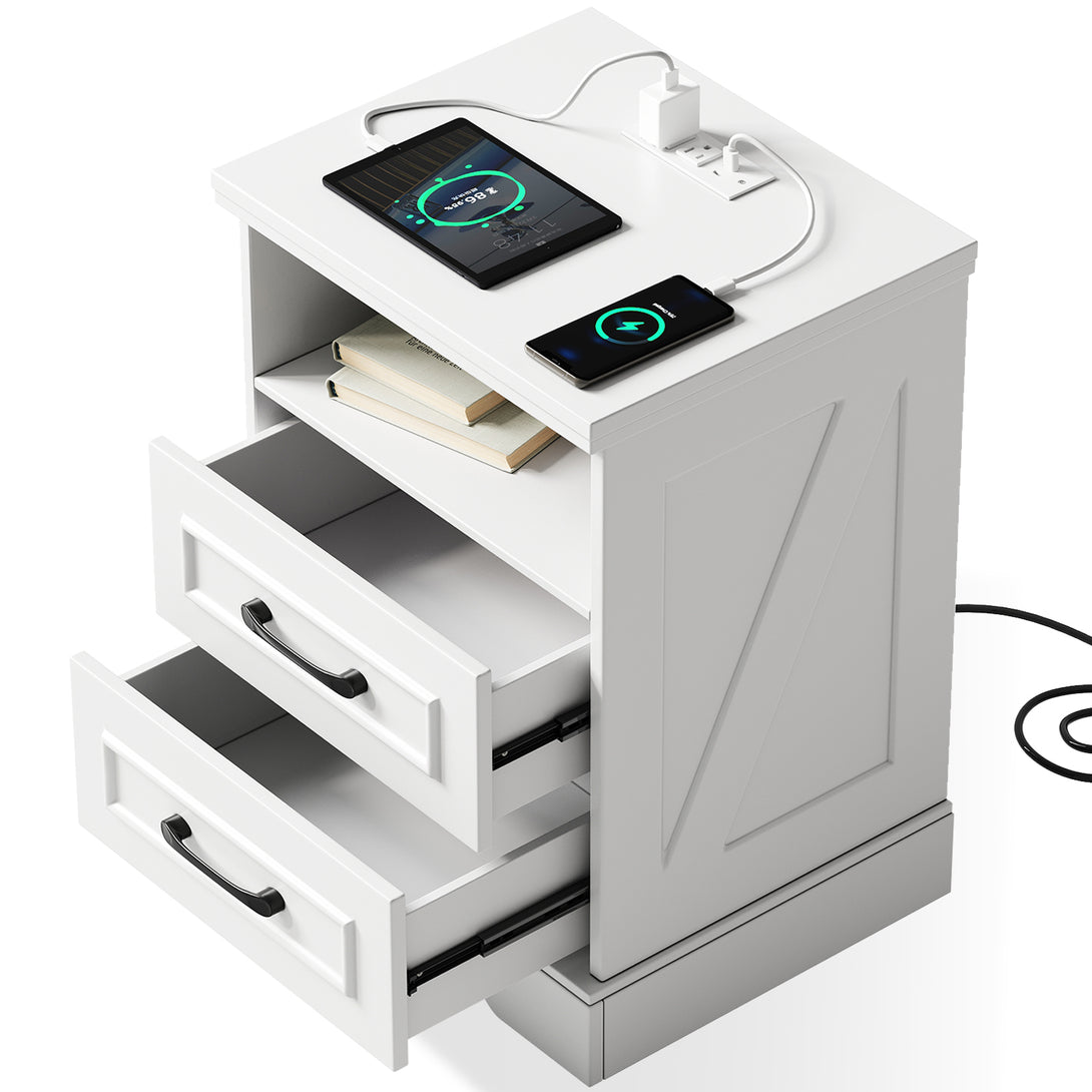 Nightstand with Charging Station, Farmhouse Nightstands with 2 Drawers Storage Side Table Bedside Cabinet for Bedroom Living Room