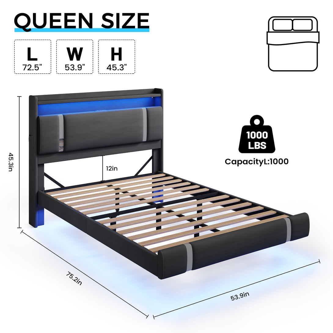IDEALSOUL Full Size Bed Frame with LED Lights,Floating Metal Platform Bed with Storage Headboard,No Box Spring Needed,Easy to Assemble