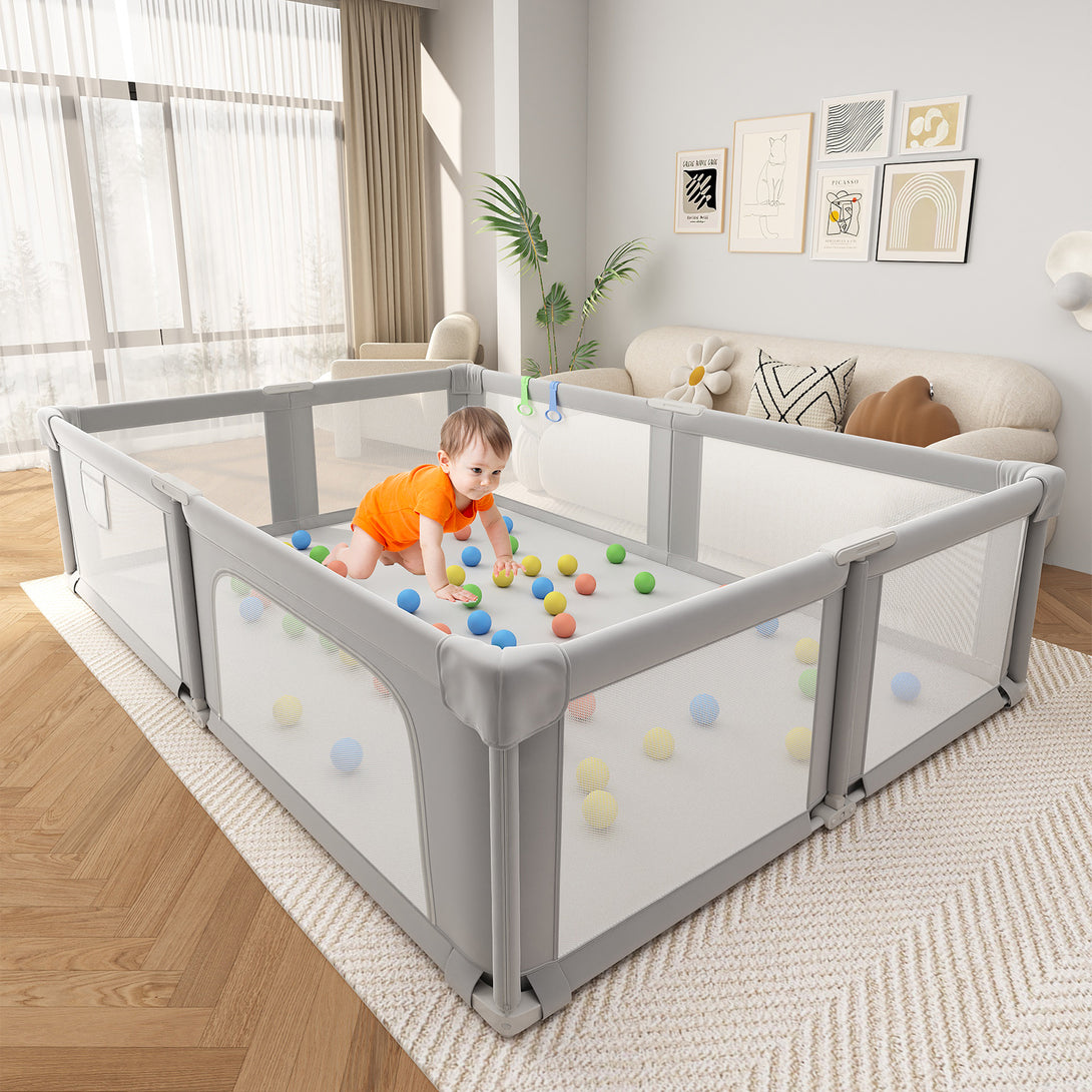 Baby Playpen, 70×61 In Play Yard, Foldable Large Playpens for Babies and Toddlers, with Mat and Carry Bag, Indoor & Outdoor Pack and Play, Oxford Fabric, Light Gray