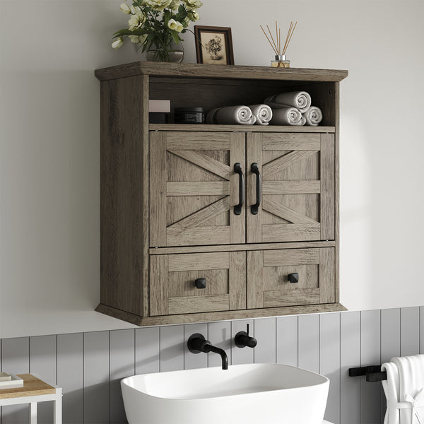 IDEALSOUL Wall Bathroom Storage, Bathroom Medicine Cabinet with Double Door Wall, Two Drawers, Adjustable Shelves, Gray