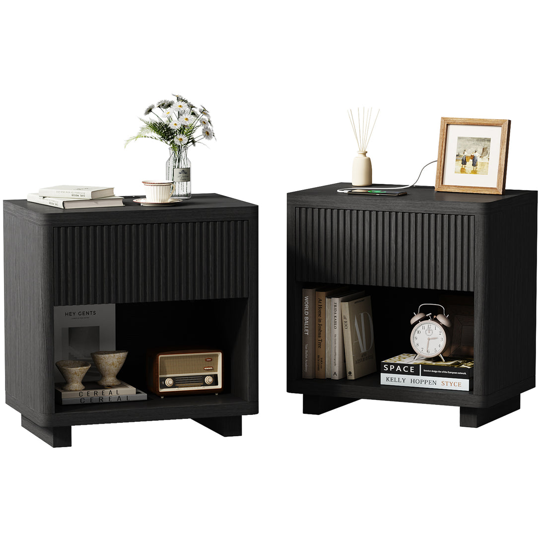 IDEALSOUL Nightstand, Fluted Bedside Table with Charging Station, End Table with open Storage, Large Wooden Night Stands Bedside for Bedroom Living Room