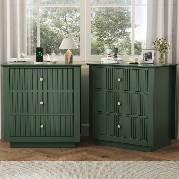 IDEALSOUL Nightstand Set of 2, 24" Wide End Table with Storage, Fluted Nightstand with USB Charging Station, Large 3 Drawers nightstand for Bedroom Living Room(2pc, Green)