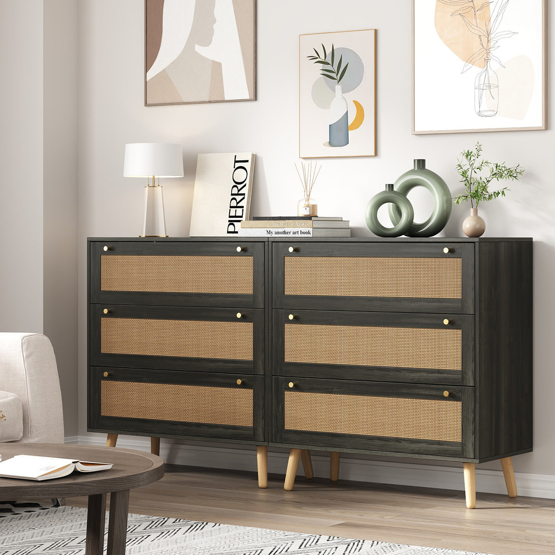 Dresser for Bedroom, Farmhouse Rattan Dressers, 3 Drawers Dressers Chest for Bedroom Hallway Living Room