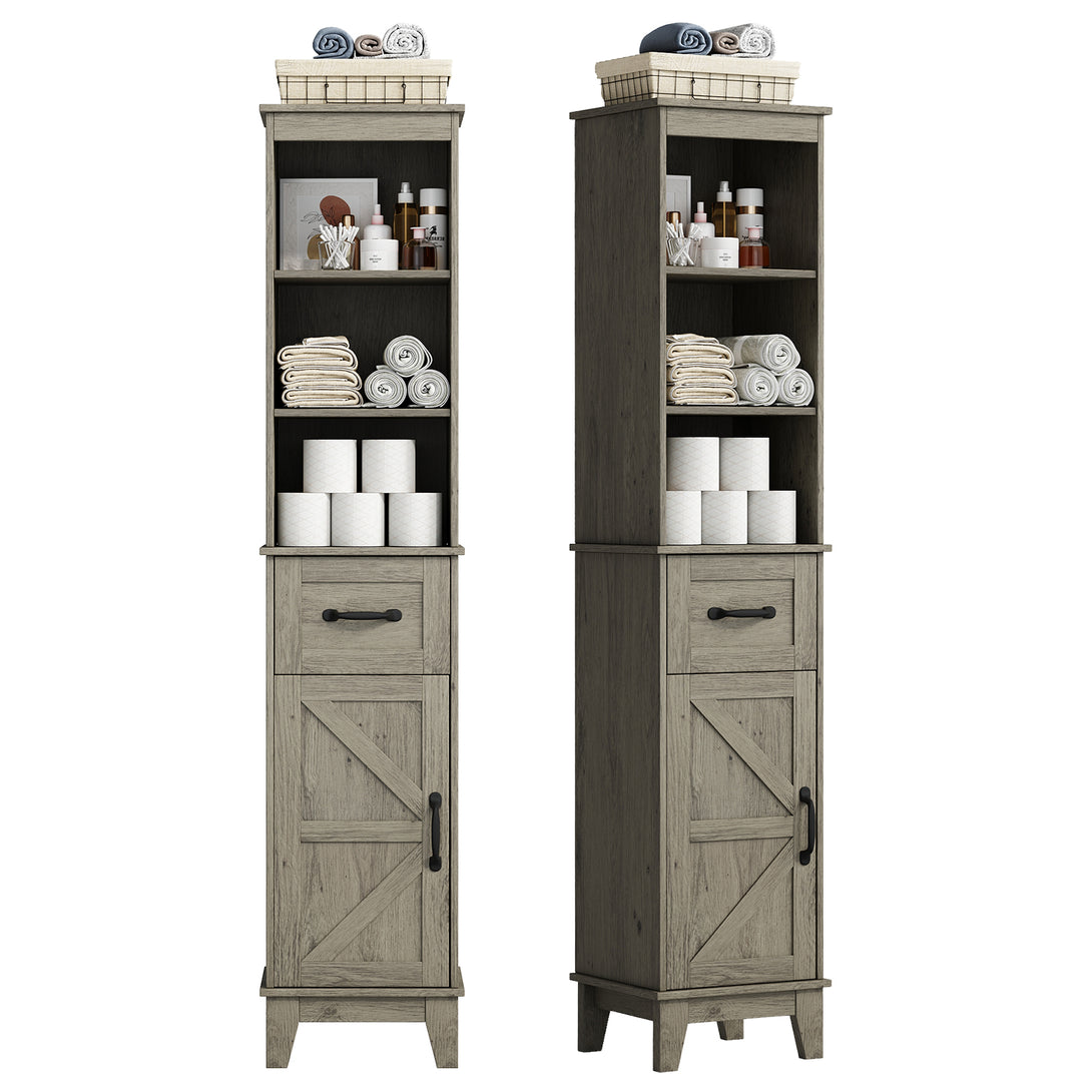 IDEALSOUL Tall Bathroom Storage Cabinet, Narrow Storage Cabinet, Freestanding Linen Cabinet with Barn Door and Drawer