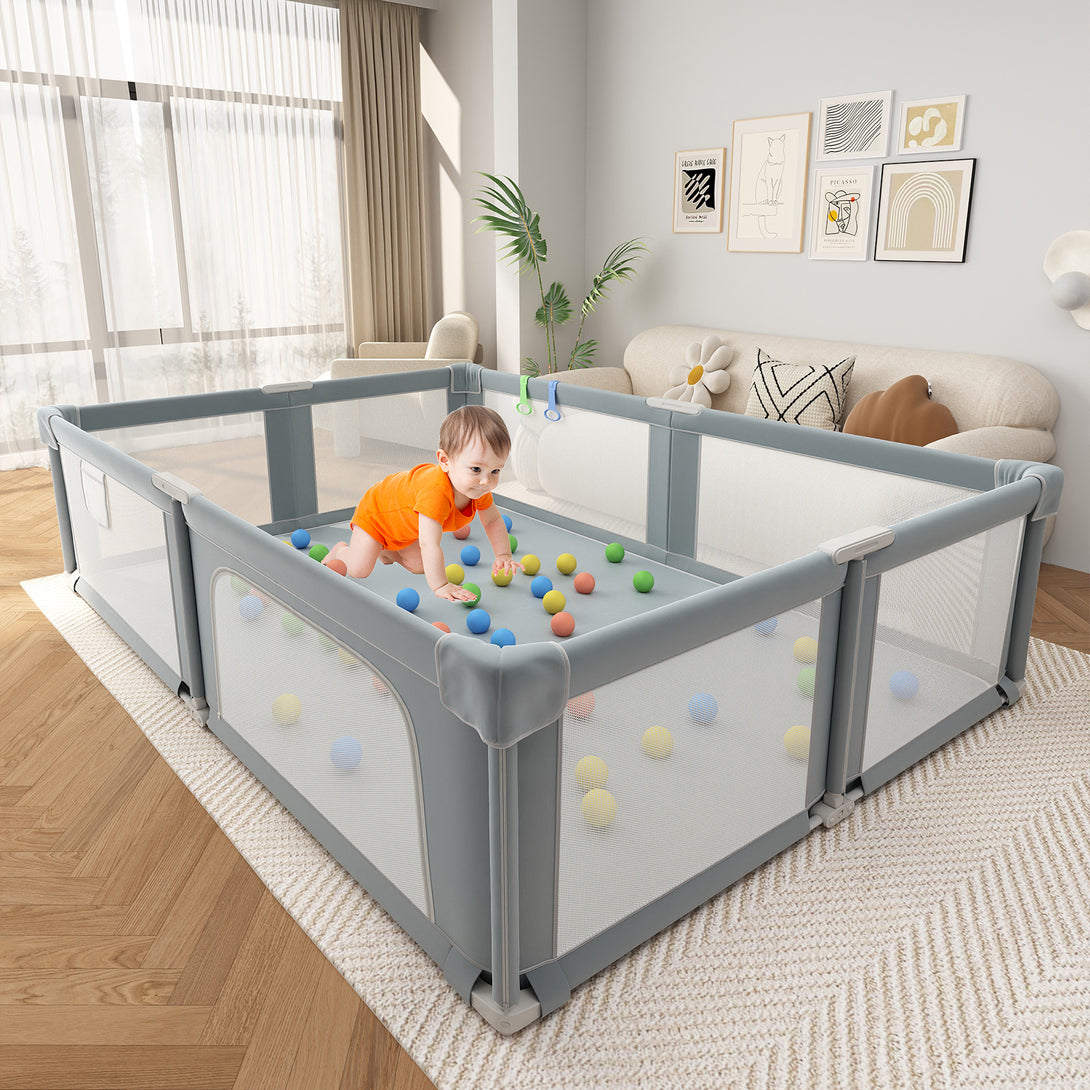 Baby Playpen, 70×61 In Play Yard, Foldable Large Playpens for Babies and Toddlers, with Mat and Carry Bag, Indoor & Outdoor Pack and Play, Oxford Fabric, Light Gray