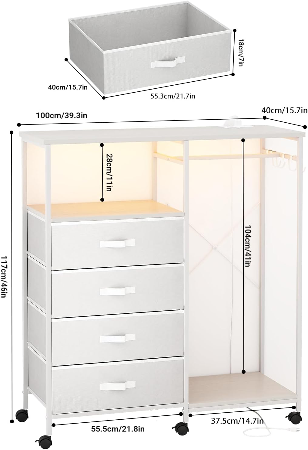 Dresser with Hanging Rack, Bedroom Dresser with Hanging Rack Chest of Drawers with Fabric Drawers & LED Lights & Charging Station, Rust Brown