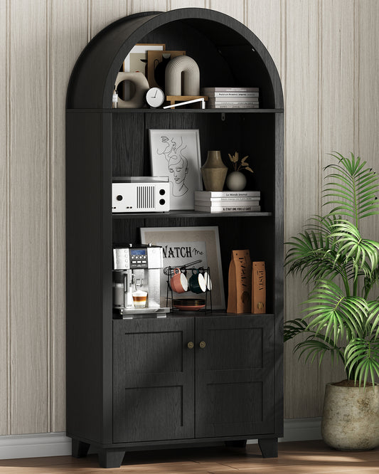 Arched Kitchen Pantry Cabinet,70-Inch Open Shelf Storage Cabine with 2 Doors,3 Shelves(Black)
