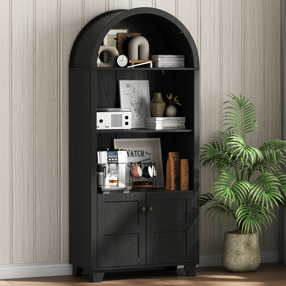IDEALSOUL Arched Cabinet, 70-Inch Kitchen Pantry Storage Cabinet, Open Shelf Storage Cabinet with 2 Doors and 5 Shelves