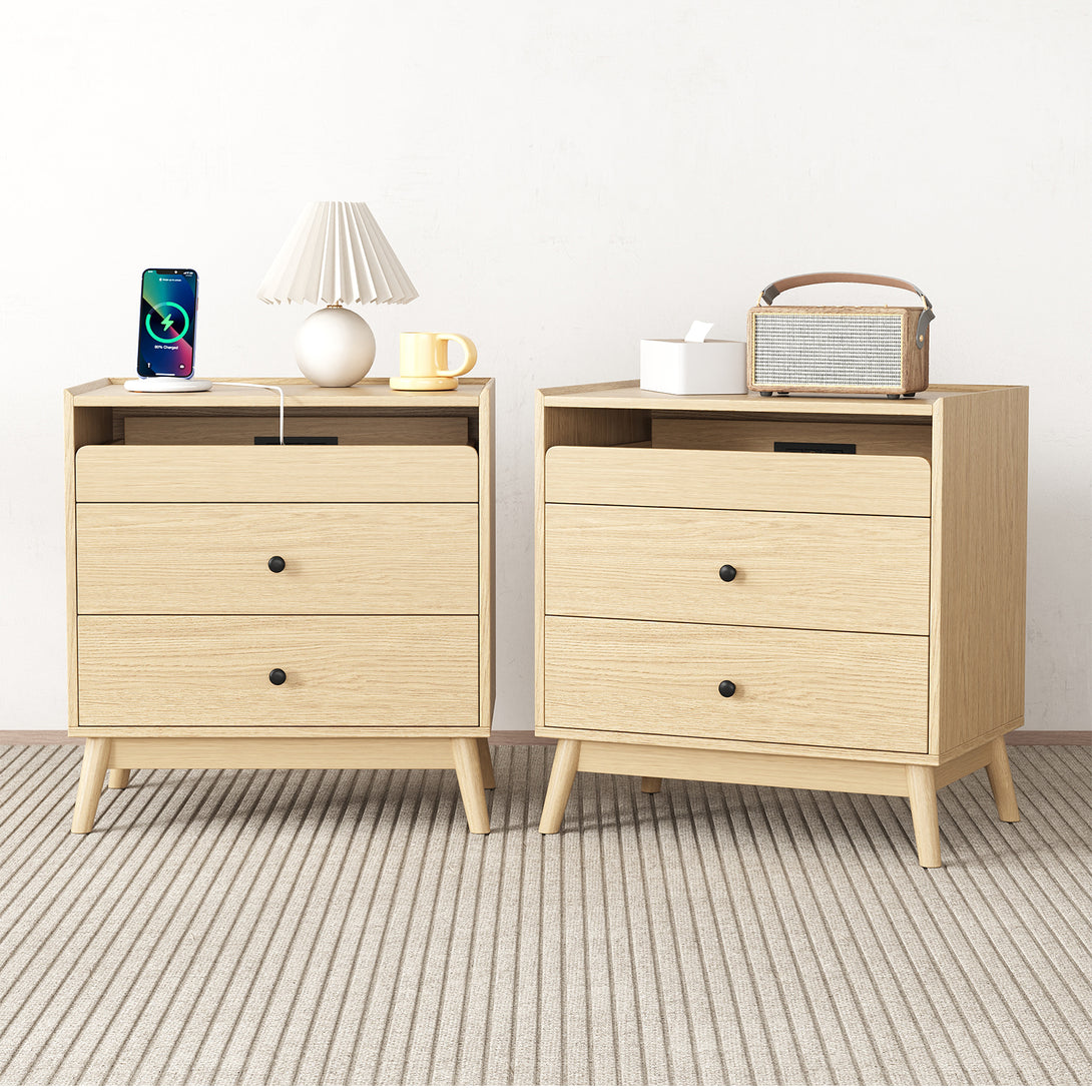 Nightstand Bedside Table, 25"H×23.6"W 3 Drawer Dresser with Hidden Charging Station, End Side Table for Bedroom Furniture
