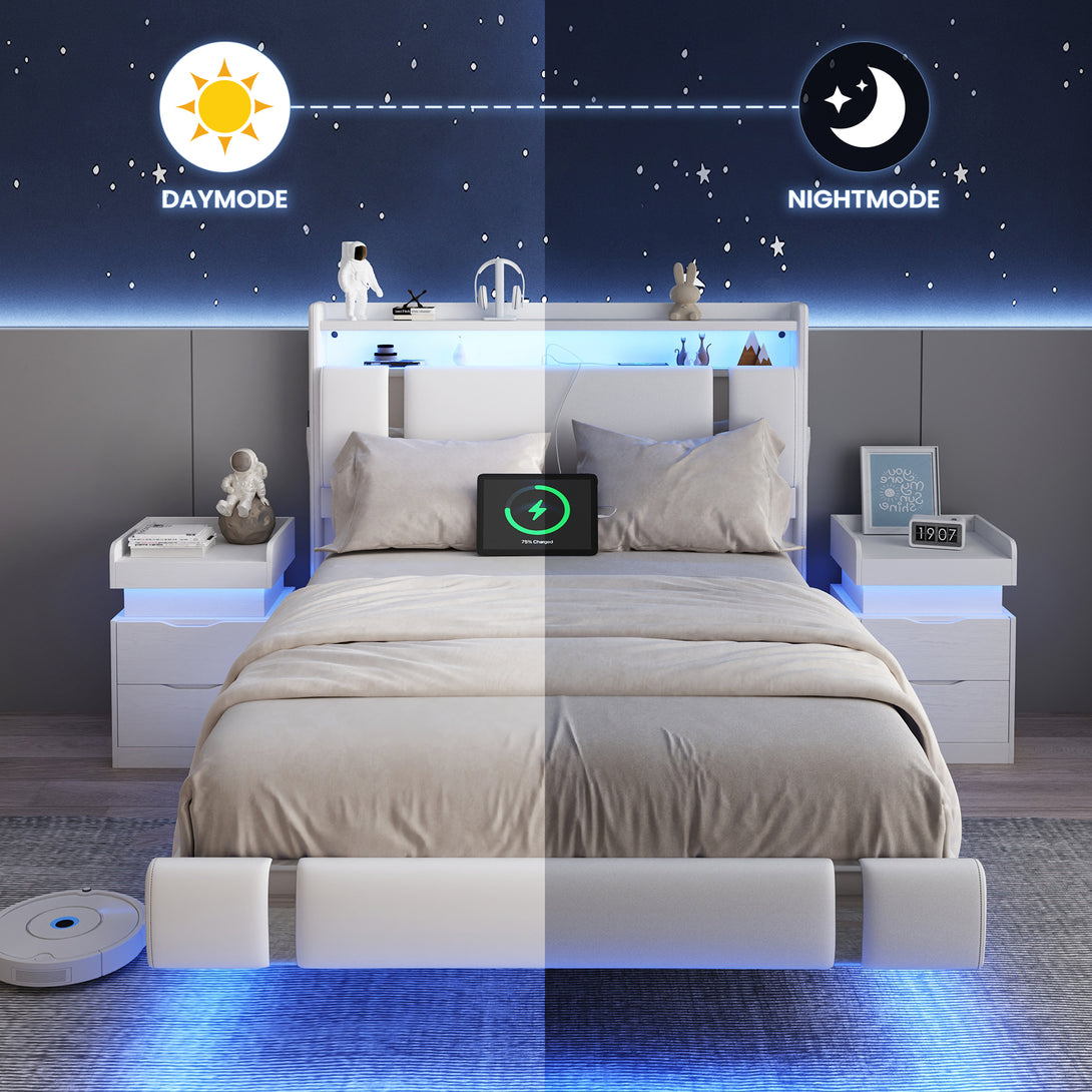 IDEALSOUL Full Size Bed Frame with LED Lights,Floating Metal Platform Bed with Storage Headboard,No Box Spring Needed,Easy to Assemble