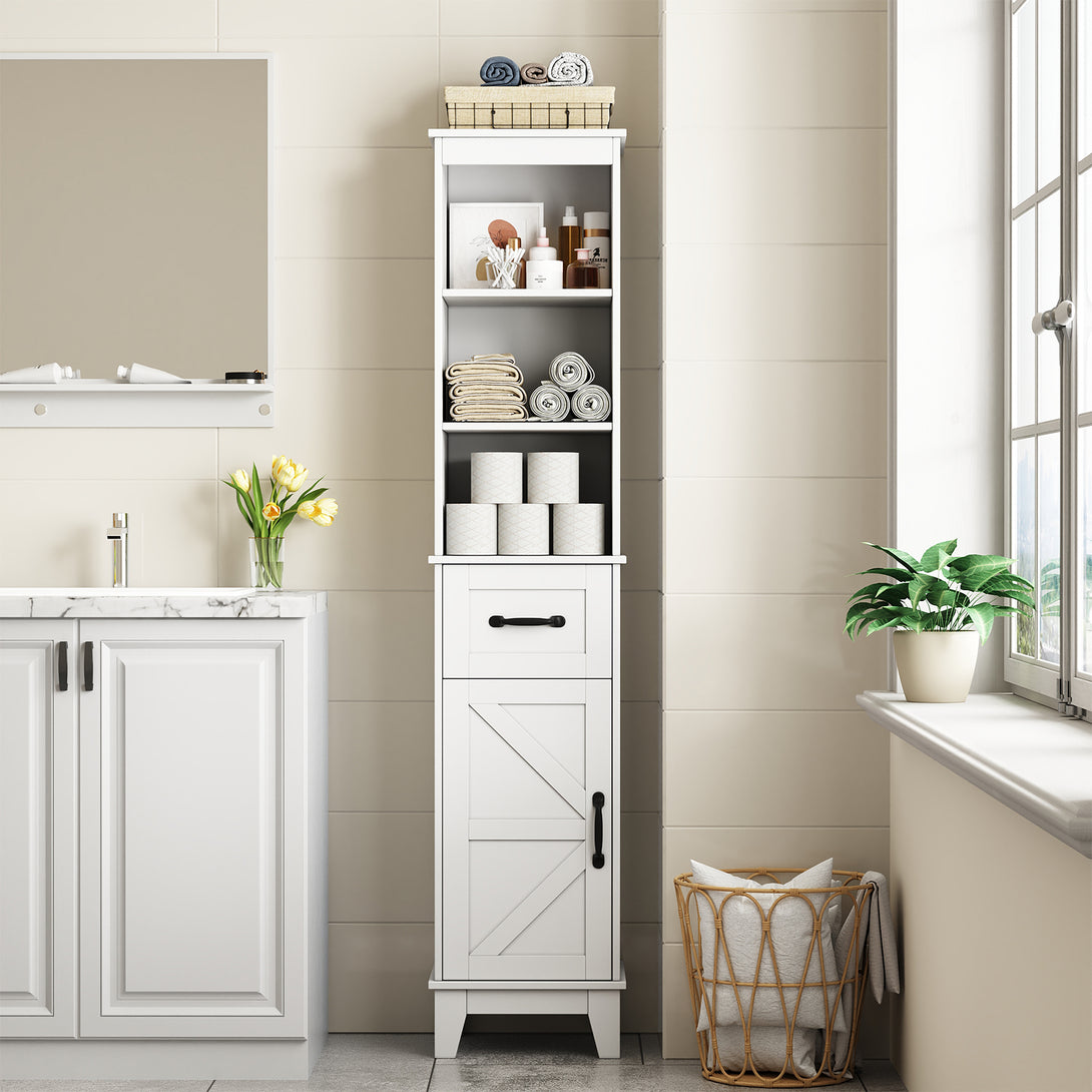 IDEALSOUL Tall Bathroom Storage Cabinet, Narrow Storage Cabinet, Freestanding Linen Cabinet with Barn Door and Drawer