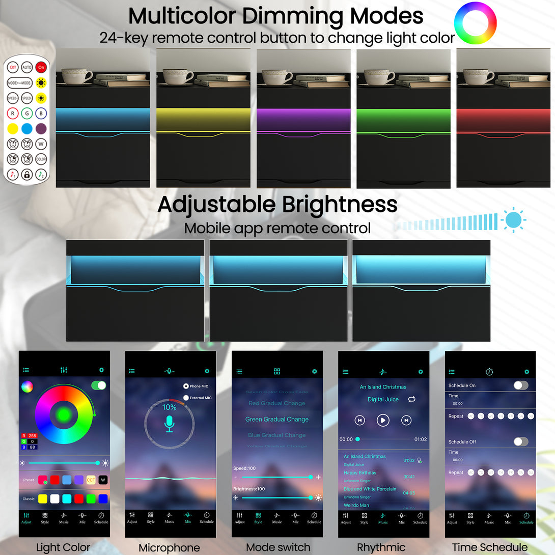 Black Nightstand with Charging Station, LED Smart Nightstand with 3 Hidden Drawer Modern Bedside Table End Side Table Nightstands for Bedroom Living Room 25" Tall