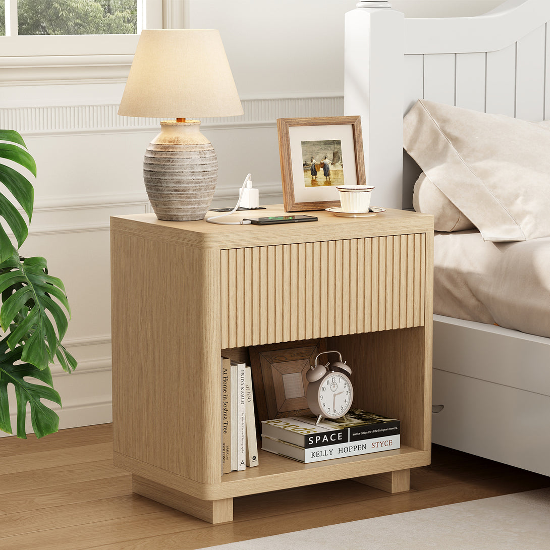 IDEALSOUL Nightstand, Fluted Bedside Table with Charging Station, End Table with open Storage, Large Wooden Night Stands Bedside for Bedroom Living Room