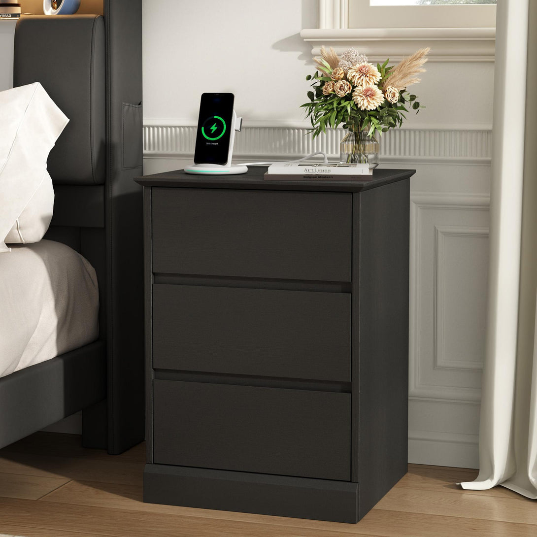 3 Drawers Nightstand with Charging Station, Bedside Table with Storage for Living Room Bedroom