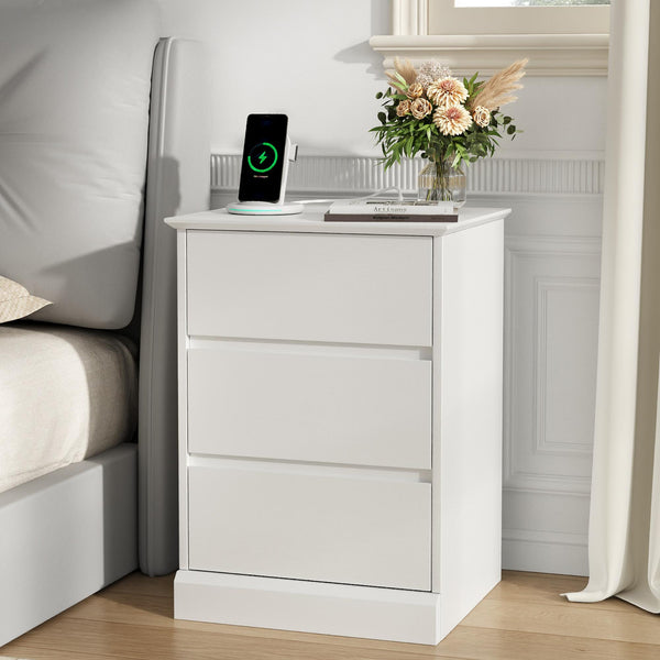 White Nightstand,3 Drawers Nightstand with Charging Station, Modern Bedside Table with Storage for Living Room Bedroom