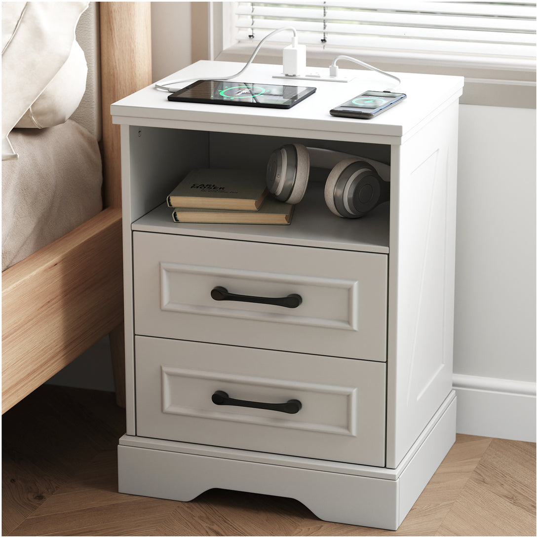 Nightstand with Charging Station, Farmhouse Nightstands with 2 Drawers Storage Side Table Bedside Cabinet for Bedroom Living Room