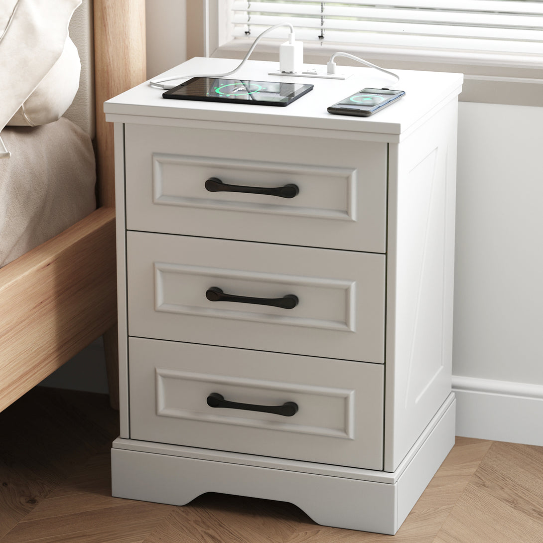 Nightstand , Farmhouse End Table with Charging Station,3 Drawers Storage